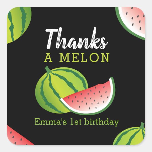 1e verjaardag dank je meloen vierkante sticker (Voorkant)