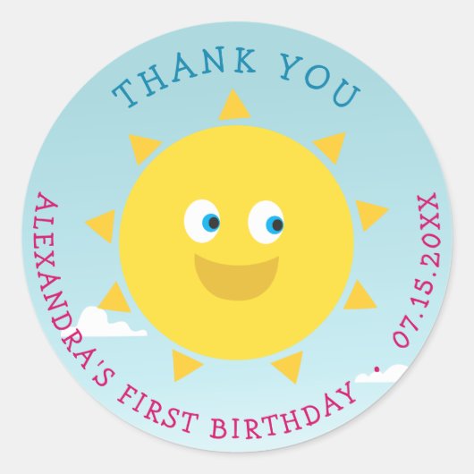 1e verjaardag dank u zon ronde sticker (Voorkant)
