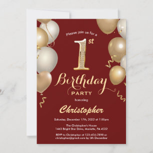 1e verjaardag Dark Red en Gold Balloons Confetti Kaart