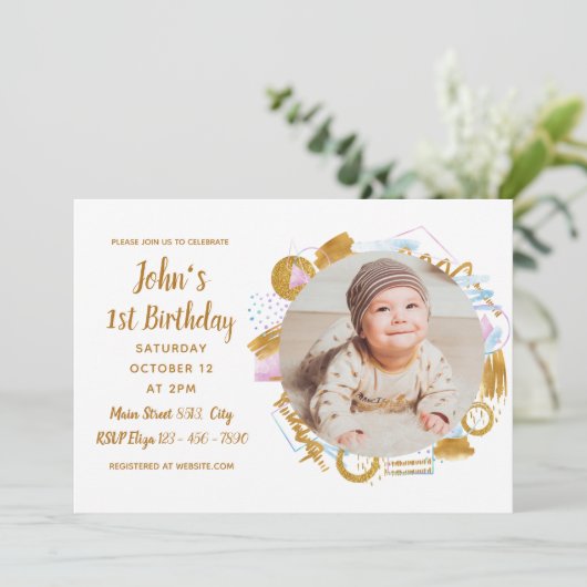 1e verjaardag - Delicate Golden Photo Lijst Kaart (Staand voorkant)
