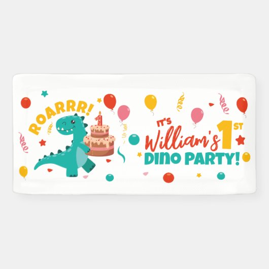 1e verjaardag Dino Party Flat Kleurrijk Spandoek (Horizontaal)