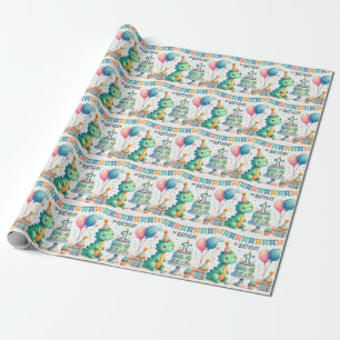 1e Verjaardag Dinosaurus Dino Boy Waterverf Cadeaupapier