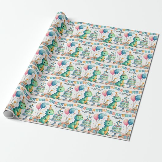 1e Verjaardag Dinosaurus Dino Boy Waterverf Cadeaupapier (Uitgerold)