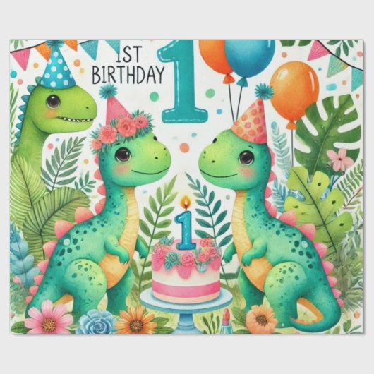 1e Verjaardag Dinosaurus Dino Boy Waterverf Cadeaupapier (Vlak)