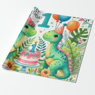 1e Verjaardag Dinosaurus Dino Boy Waterverf Cadeaupapier