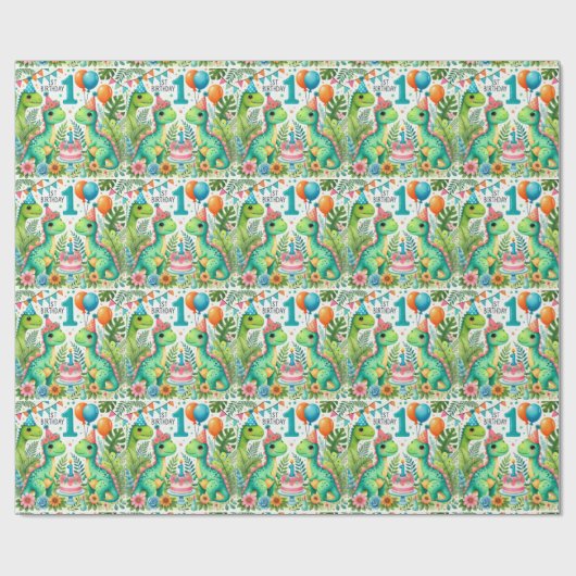 1e Verjaardag Dinosaurus Dino Boy Waterverf Cadeaupapier (Vlak)