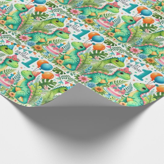 1e Verjaardag Dinosaurus Dino Boy Waterverf Cadeaupapier (Hoek)