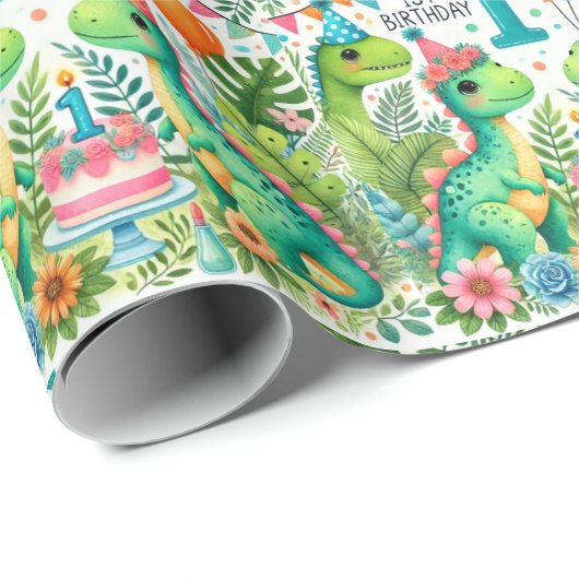 1e Verjaardag Dinosaurus Dino Boy Waterverf Cadeaupapier (Rol Hoek)