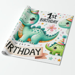1e Verjaardag Dinosaurus Dino Boy Waterverf Cadeaupapier