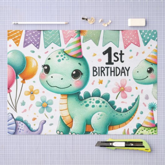 1e Verjaardag Dinosaurus Dino Boy Waterverf Tissuepapier (Craft)