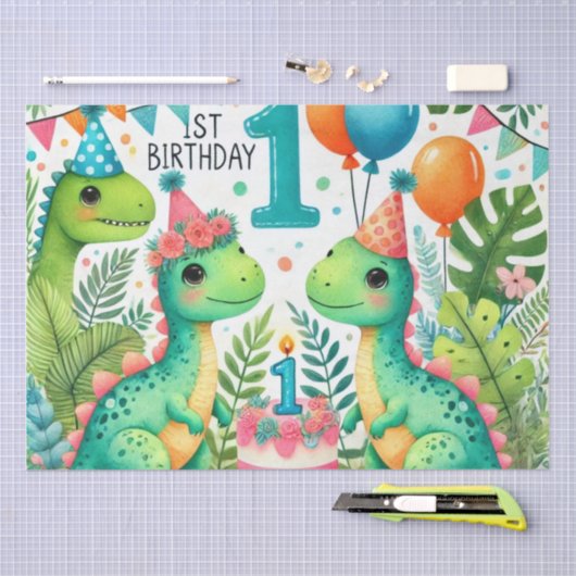 1e Verjaardag Dinosaurus Dino Boy Waterverf Tissuepapier (Craft)