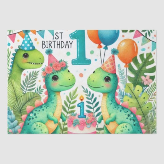 1e Verjaardag Dinosaurus Dino Boy Waterverf Tissuepapier (Voorkant)