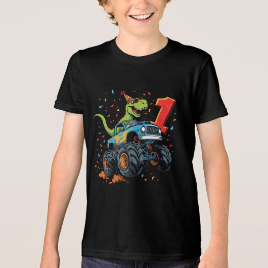 1e Verjaardag Dinosaurus Monster Truck T-shirt voo (Voorkant)