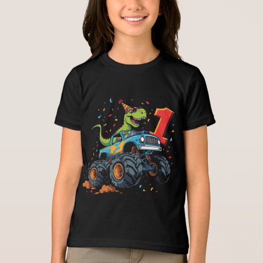 1e Verjaardag Dinosaurus Monster Truck T-shirt voo (Voorkant)