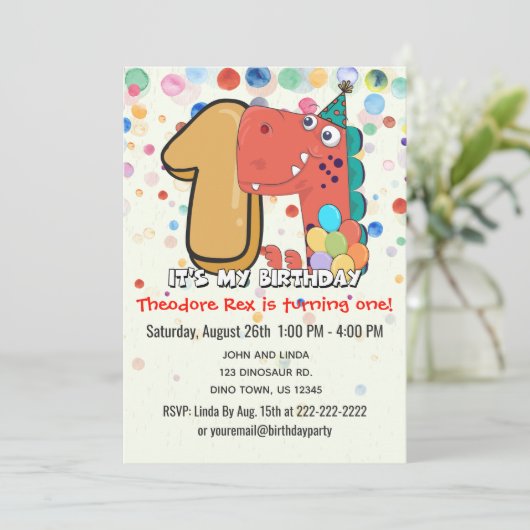 1e verjaardag Dinosaurus Party Custom Kaart (Staand voorkant)