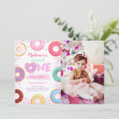 1e verjaardag Donut Party Foto Kaart (Staand voorkant)