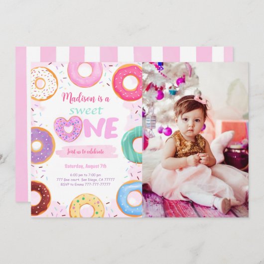 1e verjaardag Donut Party Foto Kaart (Voorkant / Achterkant)