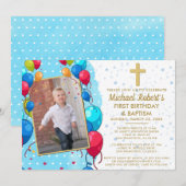 1e verjaardag doop blauw goud tekst foto ballonnen kaart (Voorkant / Achterkant)