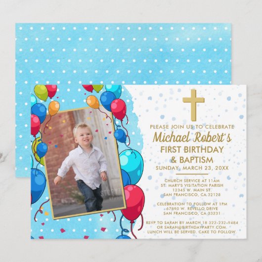 1e verjaardag doop blauw goud tekst foto ballonnen kaart (Voorkant / Achterkant)