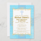 1e verjaardag doop blauw goud tekst polka dot kaart (Voorkant)