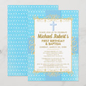 1e verjaardag doop blauw goud tekst polka dot kaart (Voorkant / Achterkant)