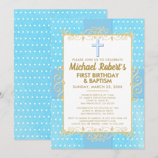 1e verjaardag doop blauw goud tekst polka dot kaart (Voorkant / Achterkant)