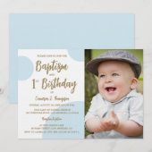 1e Verjaardag Doop Foto Blauw Goud Custom Kaart (Voorkant / Achterkant)
