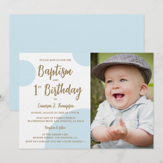 1e Verjaardag Doop Foto Blauw Goud Custom Kaart (Voorkant / Achterkant)