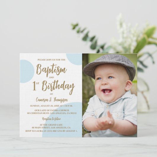 1e Verjaardag Doop Foto Blauw Goud Custom Kaart (Staand voorkant)