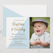 1e Verjaardag Doop Foto Blauw Goud Glitte Custom Kaart (Voorkant / Achterkant)