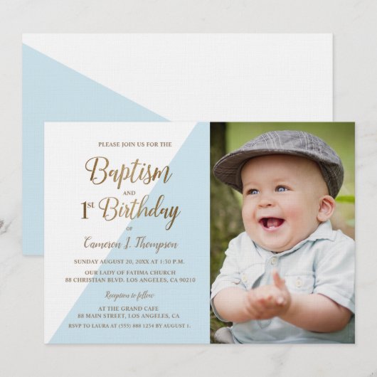 1e Verjaardag Doop Foto Blauw Goud Glitte Custom Kaart (Voorkant / Achterkant)