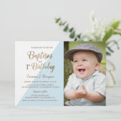 1e Verjaardag Doop Foto Blauw Goud Glitte Custom Kaart (Staand voorkant)