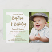 1e Verjaardag Doop Foto Groen Goud Custom Kaart (Voorkant / Achterkant)