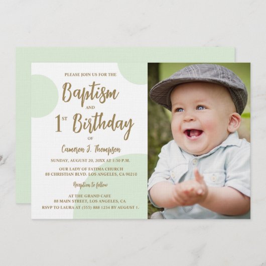1e Verjaardag Doop Foto Groen Goud Custom Kaart (Voorkant / Achterkant)