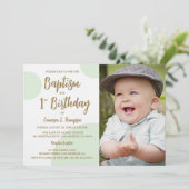 1e Verjaardag Doop Foto Groen Goud Custom Kaart (Staand voorkant)