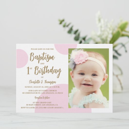 1e Verjaardag Doop Foto Roze Goud Custom Kaart (Staand voorkant)
