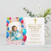 1e verjaardag doop roze gouden tekst foto kruis kaart (Staand voorkant)
