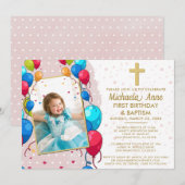 1e verjaardag doop roze gouden tekst foto kruis kaart (Voorkant / Achterkant)