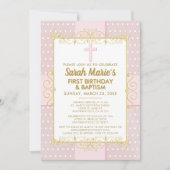 1e verjaardag doop roze gouden tekst polka dot kaart (Voorkant)