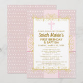 1e verjaardag doop roze gouden tekst polka dot kaart (Voorkant / Achterkant)