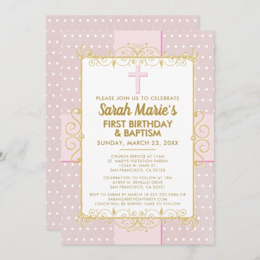 1e verjaardag doop roze gouden tekst polka dot kaart (Voorkant / Achterkant)