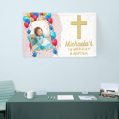 1e verjaardag Doop Roze Meisje Gouden Tekst Foto Spandoek (Beurs)