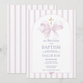 1e verjaardag & Doop, Roze Strik & Streep Kaart (Voorkant / Achterkant)