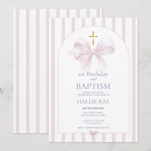 1e verjaardag & Doop, Roze Strik & Streep Kaart (Voorkant / Achterkant)