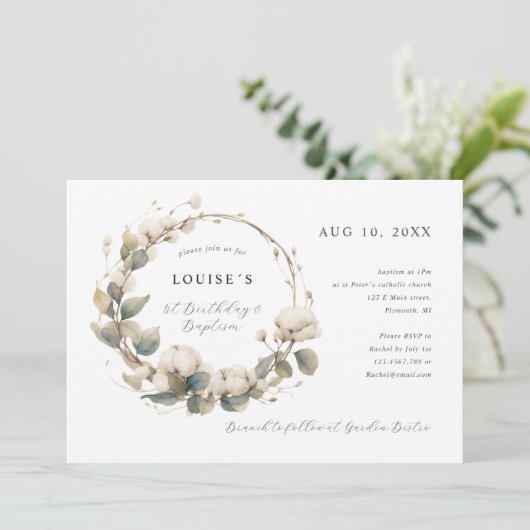 1e Verjaardag Dop Katoen & eucalyptus krans Kaart (Staand voorkant)