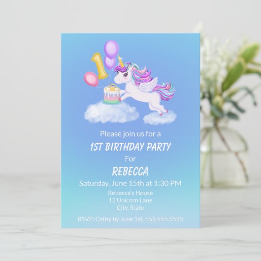 1e verjaardag eenhoorn met taart uitnodiging (Staand voorkant)