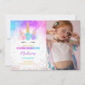 1e verjaardag eenhoorn partij foto uitnodiging (Voorkant)