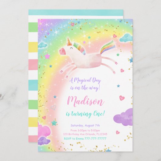 1e Verjaardag Eenhoorn Party Uitnodiging (Voorkant / Achterkant)