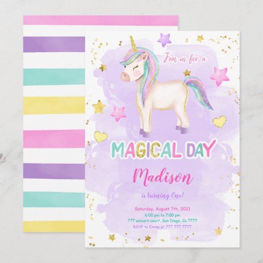 1e verjaardag eenhoorn uitnodiging (Voorkant / Achterkant)