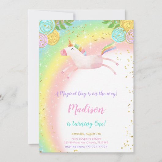 1e verjaardag eenhoorn uitnodiging (Voorkant)